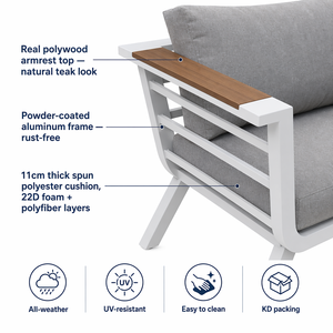 Ensemble <span class=keywords><strong>de</strong></span> canapé d'extérieur KD en <span class=keywords><strong>aluminium</strong></span>, 3 places + 2 chaises individuelles + table basse, coussin épais <span class=keywords><strong>de</strong></span> 11 cm, aspect teck, accoudoirs en plastique imitation bois - Product Image 3