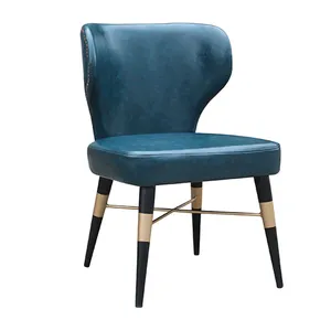 Comfortable Seat And Back Blue Leather Fabric Leisure Chairs Metal Leg Dining Chair