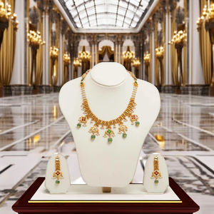 Gold Plated Kundan Necklace <b>Set</b> with Red, Green & White Stones, Pearl <b>Beads</b> and Matching Earrings – Traditional Bridal Jewelry - Product Image 1