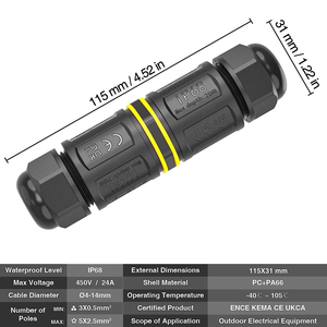 IP68防水UV耐性PA66 <span class=keywords><strong>2</strong></span>-Wayクイックコネクタ<span class=keywords><strong>2</strong></span> 3コア灌漑用ネジなし電源用銅接点材料 - Product Image 5