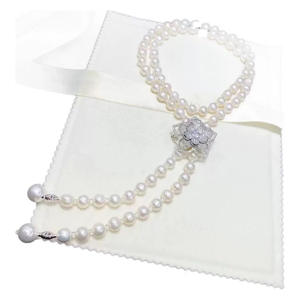 สร้อยคอมุกน้ำจืดธรรมชาติ 8-9 มม. 4-5 แทบจะกลม พร้อมโบว์ สร้อยคอแบบสองชั้น ความยาว 65 ซม. - Product Image 3