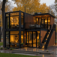 Maison mobile à deux étages en structure acier avec escalier extérieur et terrasse ouverte