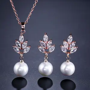 Fashion Jewelry Set Temperament Pearl Pendant Zircon Earrings Necklace Two-piece Set Bridal Jewelry Sets