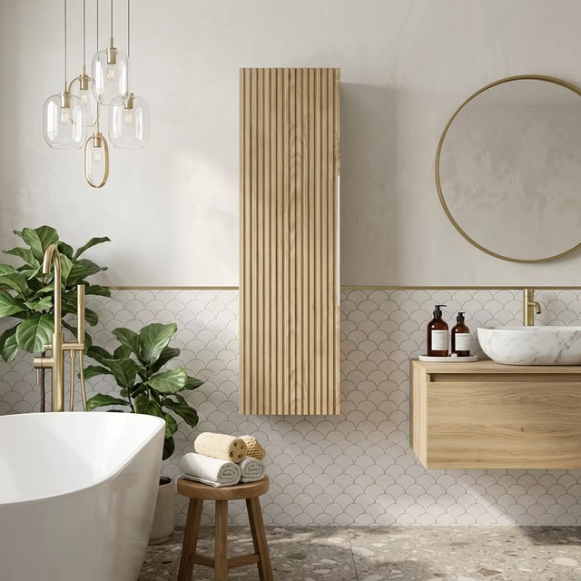 Narrow Floating Bathroom Side Cabinet, Minimalist Linen Cabinet with Handle, Moisture-Proof Tall Storage Cabinet for Small Space