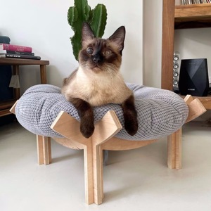 Wooden Indoor Cat <b>Bed</b> Round With Detachable Pillow Natural Wood Color Customizable Polyester Fiber Fill Hand Wash Cat <b>House</b> - Product Image 1