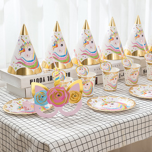 Décoration de fête d'anniversaire pour enfants, vaisselle jetable à estampage à chaud, fournitures sur le thème de la licorne - Product Image 1