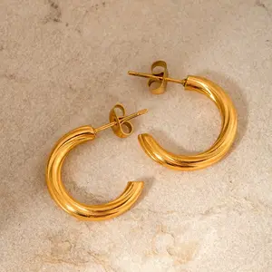 18K mạ vàng C hình dạng Stud Bông tai đơn giản vòng tròn lớn xoắn dây Hoop Bông tai cho phụ nữ