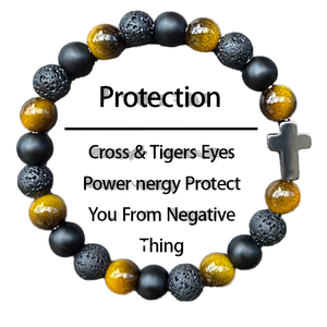 2026 Protection Cross <b>Bracelet</b> with Tiger Eye Stone Black Agate Hematite <b>Gold</b> Plated for Anniversary Occasion-Unisex Punk Style - Product Image 1