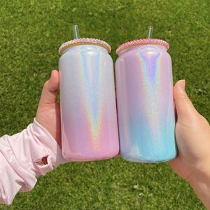 Verre à bière dégradé scintillant Rts16oz, givré, blanc, ombré, avec couvercle en strass, prêt pour la sublimation - Product Image 1