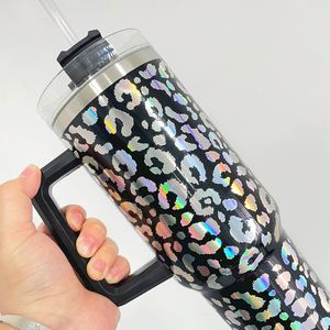 Custom logo Adventure <b>Vinyl</b> <b>Wrap</b> Decal Double Walled Stainless Steel Tumbler Holographic Leopard 40oz Mugs Tumblers - Product Image 4