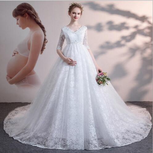 V Neck Lace Half Sleeve Ball Gown Wedding Dress for Pregnant Women | Elegant  Maternity Wedding Gowns & Dresses
