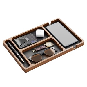 Solid Wood Desktop Organizer Tray With Compartments For Phone Glasses <b>Watch</b> Pen And Earbuds <b>Rectangular</b> Storage Box For Office - Product Image 5