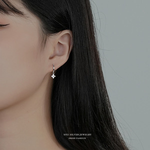 925 <strong>Sterling</strong> <strong>Silver</strong> Cubic Zirconia Four-leaf Clover Shaped <strong>Earrings</strong> <strong>Hoops</strong> Personalized Minimalist Style for Women - Product Image 3