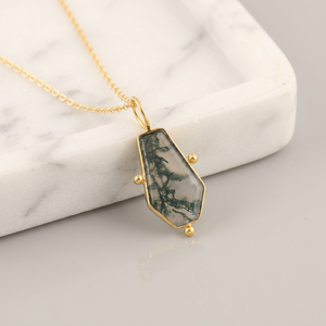 Natural moss agate coffin shape pendant charms 18k gold plated solid brass bezel set geometric gemstone pendant chain necklace - Product Image 2
