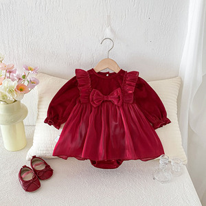 Abbigliamento Autunnale per <span class=keywords><strong>Neonata</strong></span>, Vestito Rosso in Velluto Dorato per Cerimonia dei Cento Giorni, Tutina in Cotone per Bambina - Product Image 1