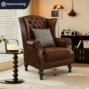 <span class=keywords><strong>Fauteuil</strong></span> moderne en bois massif et cuir, chaise décontractée vintage avec dossier à oreilles, mobilier pour appartements et salons d'hôtels. - Product Image 1