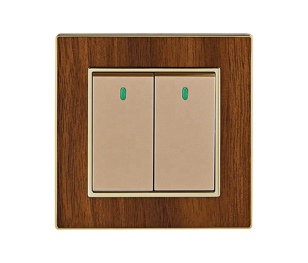 VNX OEM ODM 86*86mm Size PC Material Wood Grain 2 Gang 1 Way 2 Way Electric Wall Light Switch