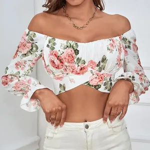 Custom Fashion Sexy Streetwear Blouse Women Tops Floral Print Off Shoulder Flounce Sleeve Ruched Bust Crop Top