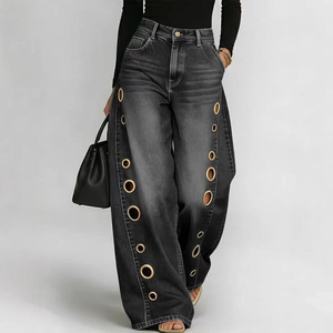 Jean baggy taille haute pour <span class=keywords><strong>femme</strong></span>, style Y2K, avec détails de lanières latérales, en denim délavé, streetwear, vente en gros - Product Image 2