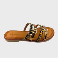 Sandales plates à lanières fines en cuir verni imprimé léopard pour femmes, avec boucle réglable, mules tendance d'été pour femmes
