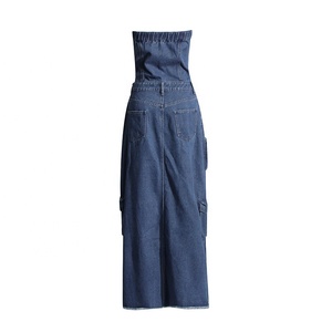 OUDINA-Vestido vaquero de mujer, top de tubo <span class=keywords><strong>a</strong></span> la moda, con cintura elástica, Midi Cargo, para mujer - Product Image 3