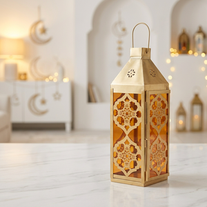 Lanterne à bougie marocaine en verre orange pour la décoration du Ramadan 2027, pour la maison et les événements - Product Image 1