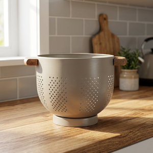 Passoire en acier inoxydable avec poignées en bois, compatible lave-vaisselle, lavage à la main uniquement, design durable - Product Image 4