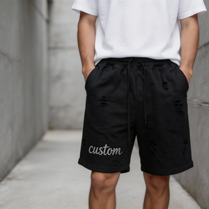 Custom Men's Custom Embroidery Cotton Shorts Solid Color Distressed Washed Casual Breathable Ripped Design - Product Image 1