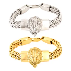 Gelang warna emas Hip Hop Kuba Link kuat gesper perhiasan singa baja tahan karat untuk pria