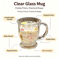 Mug à café en verre avec poignée, imprimé dessin animé ludique, tasse en verre transparente mignonne, pour café et thé quotidiens, gobelet en verre personnalisable avec logo OEM, vaisselle.