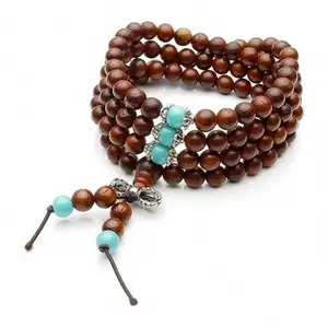 Unisex 108ไม้ธรรมชาติ6มม.8มม.ลูกปัดสร้อยข้อมือพุทธ Mala สร้อยคอ