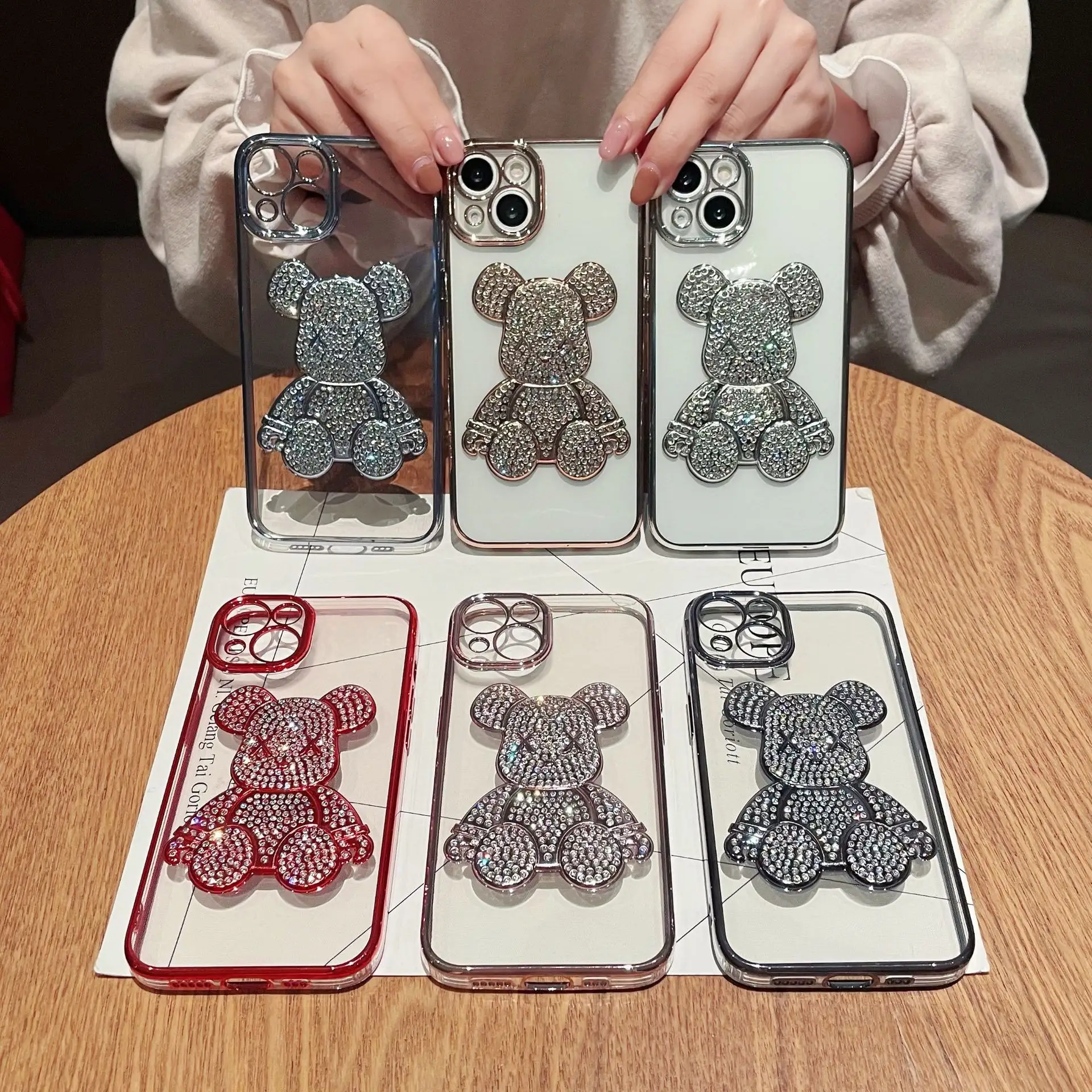 Crystal Diamond Bear Phone Case Clear Cover For iPhone 13 Pro 12 11 XS max Cartoon Electroplate Transparent Soft Cell phone Case