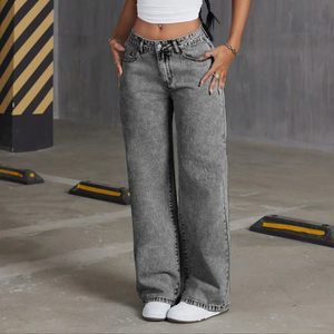 Jeans <span class=keywords><strong>de</strong></span> Lavado Oscuro para <span class=keywords><strong>Mujer</strong></span> con Bordado, Pantalones <span class=keywords><strong>de</strong></span> Cintura Alta, Pierna Recta y Ancha, Botón con Lazo, Holgados, Casuales, <span class=keywords><strong>de</strong></span> Color Sólido, Transpirables, <span class=keywords><strong>de</strong></span> Mezclilla - Product Image 1