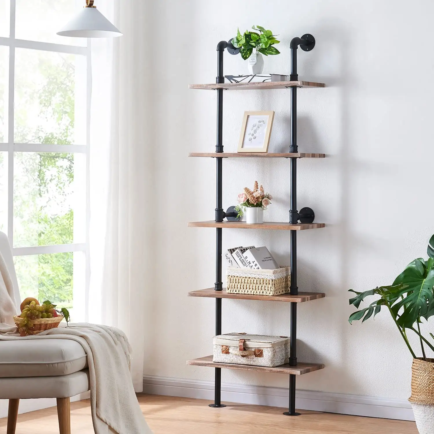 Penjualan laris rak buku dudukan dinding 5 Tierss Nordic Modern rak buku tangga mengambang gantung logam kayu rak buku