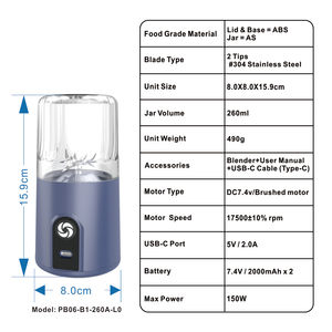 Licuadora portátil USB/para automóvil, contenedor libre de BPA, bajo nivel de ruido, licuadora comercial de un solo toque, licuadora de inmersión para batidos. - Product Image 6