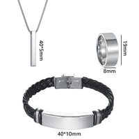 Ensemble de bijoux pour homme SongFu avec logo gravé, 3 pièces : collier, bracelet, bague en acier inoxydable, bracelet en cuir PU noir