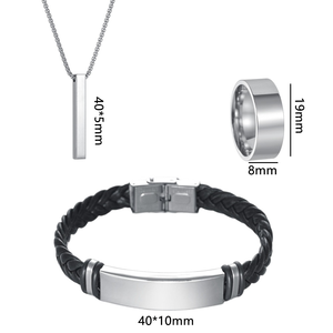 SongFu Engrave Logo Simple Conjunto de joyería para hombre 3 piezas Conjunto Collar Pulsera Anillo Acero inoxidable Negro Pu Pulsera de cuero - Product Image 2