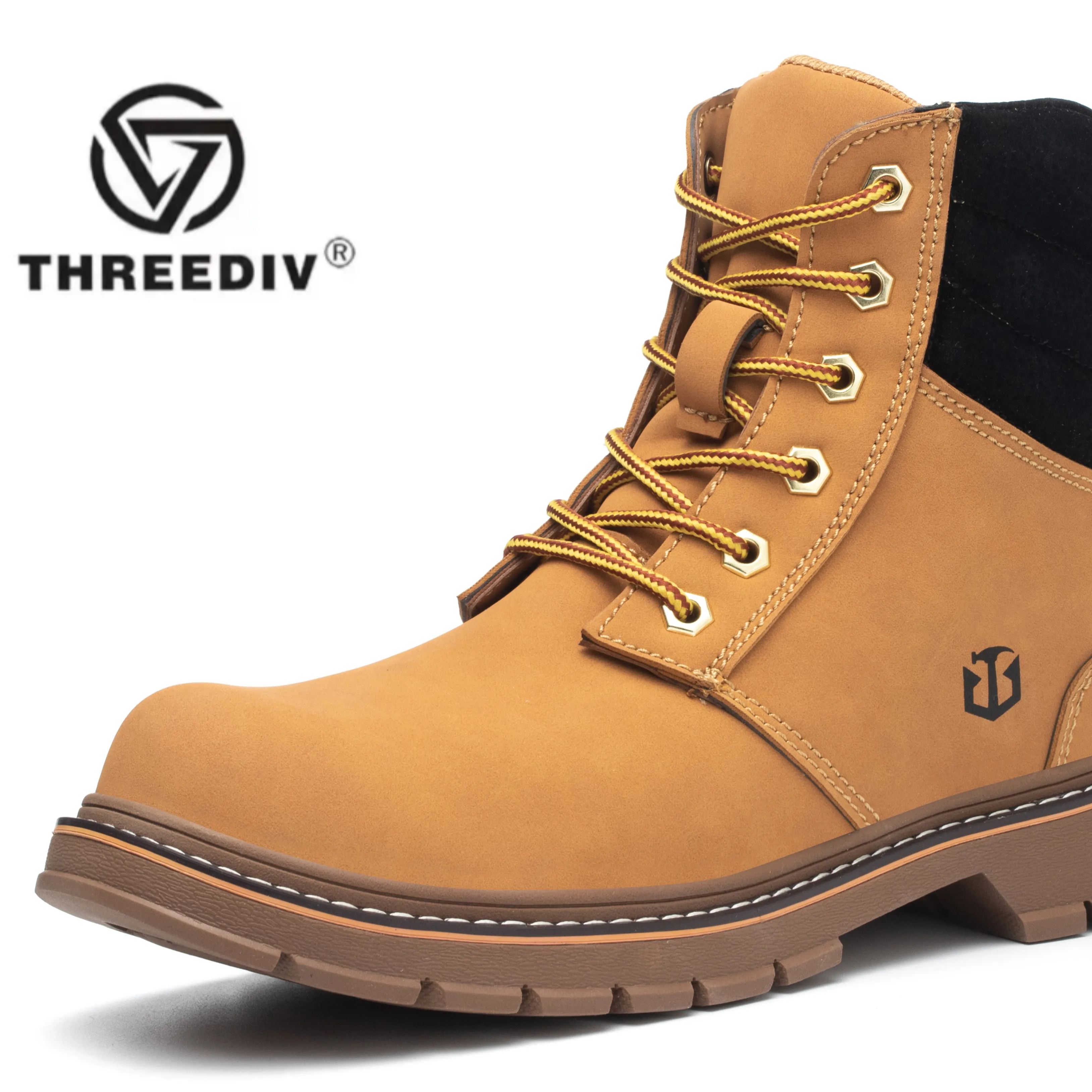 THREEDIV Zapatos de seguridad con punta de acero de cuero genuino, zapatos de trabajo, botas de hombre