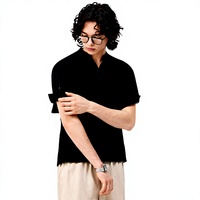 Chemise décontractée pour homme, style Old Money, texturée, col en V, manches courtes, en coton-lin-viscose, respirante, très élastique, coupe ample, couleur unie