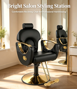 Sillas de Estilismo de Salón Vintage en Negro y Dorado con Bomba Grande Silla de Belleza para Mujer Sillón de Barbero Totalmente Reclinable - Product Image 1