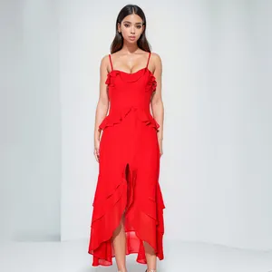 Hot Selling Women's Clothing Summer Red Chiffon Cold Shoulder Ruffle Long Dress Fashion Elegant Casual Dresses For Ladies