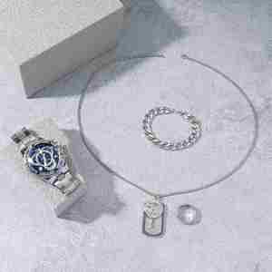 Montre-bracelet à quartz décontractée pour homme FX, grand cadran, trois aiguilles, bracelet en acier, collier, bracelet, bague, cadeau de festival - Product Image 2