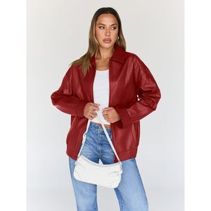FOXA Women's Leather Bomber Jacket Oversized Full Sleeve Woven Fabric Statement Piece - Product Image 2