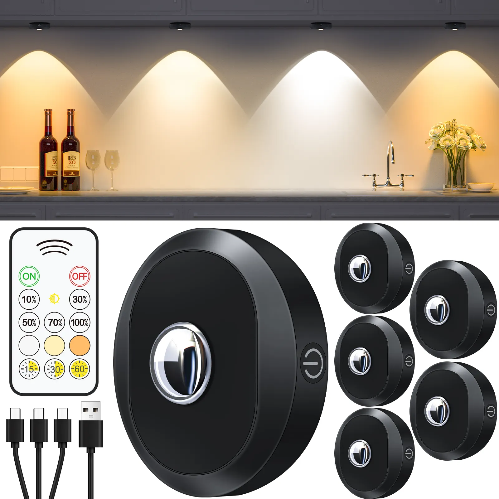 LED Puck Lights mit Fernbedienung, wiederauf ladbare 1000-mAh-Batteriegewinde, dimmbarer kabelloser Stick für die Theken wand des Schranks