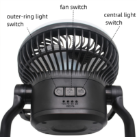 Ventilateur de camping portable rechargeable et pliable avec anneau lumineux LED, ventilateur d'urgence alimenté par USB pour l'extérieur, la tente, les pannes de courant