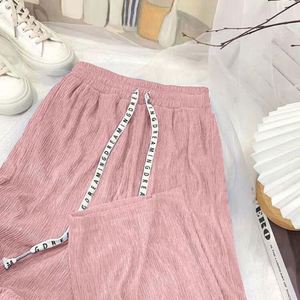 I-0524 Nuevos pantalones anchos de seda helada para mujer, pantalones largos de verano de cintura alta, ajustados, sueltos, de pierna recta, informales - Product Image 6