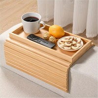 Bandeja Plegable para Sofá de Bambú, Mesa para Apoyabrazos de Sofá, Diseño Anticaídas, Contenedor de Alimentos de un Solo Nivel, Portavasos para Aperitivos y Bebidas