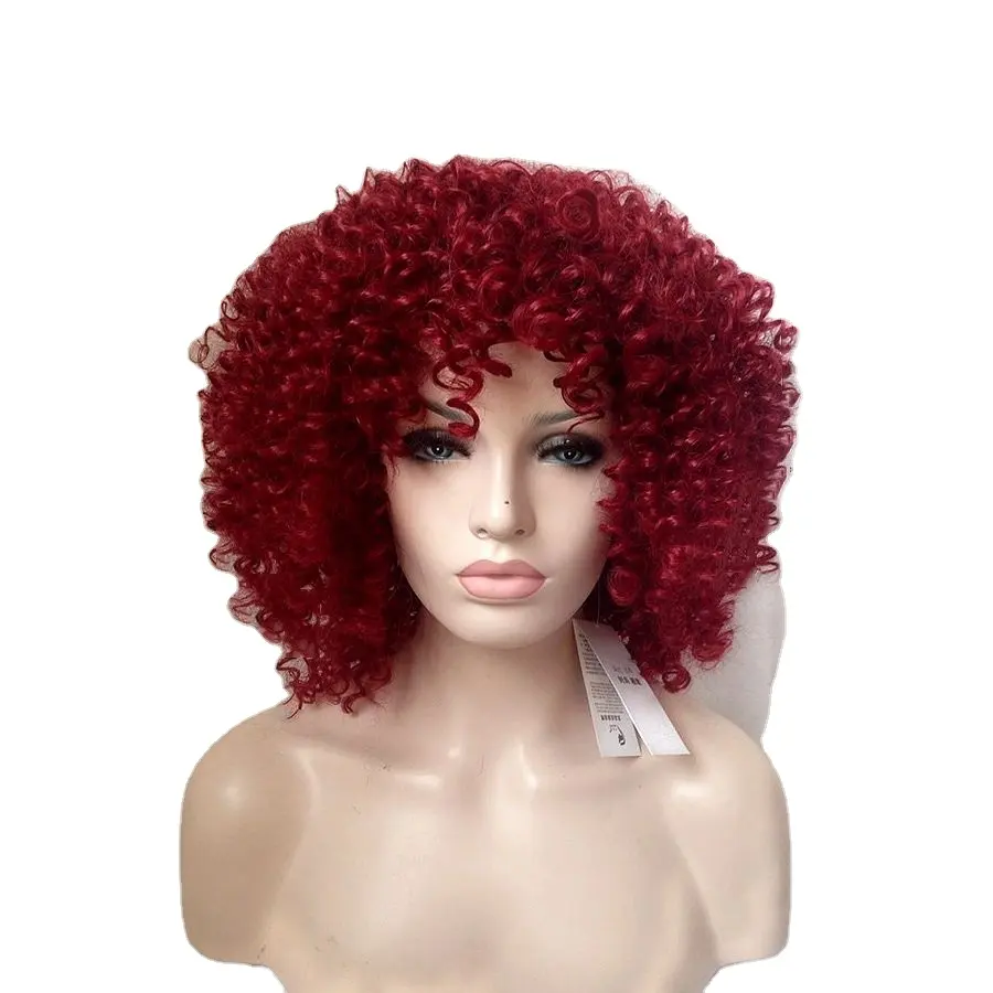 Wholesale Afro Kinky Curly Heat Resistant synthetic fiber with bangs synthetic hair wig for black women