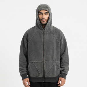 Sudadera con capucha de algodón 100% con lavado ácido, hombros caídos, estampado personalizado, media cremallera, estilo ninja, con pasamontañas, para hombre, venta al por mayor - Product Image 1