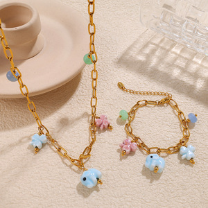 unique stainless steel enamel flower pendant necklace 18k gold plated <b>elephant</b> enamel pendant bracelet jewelry for women - Product Image 3